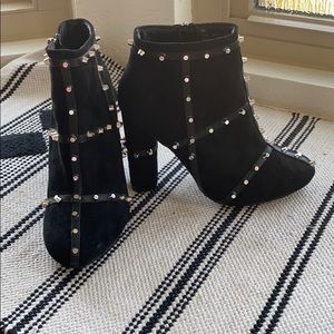 Black suede studded ankle heeled boots, size 9